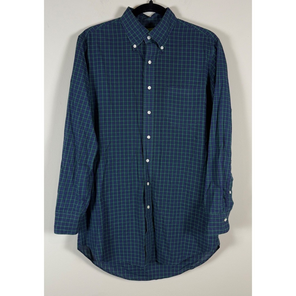 Sid Mashburn Mens Medium Navy Green Plaid Button Down Long Sleeve Shirt Pocket